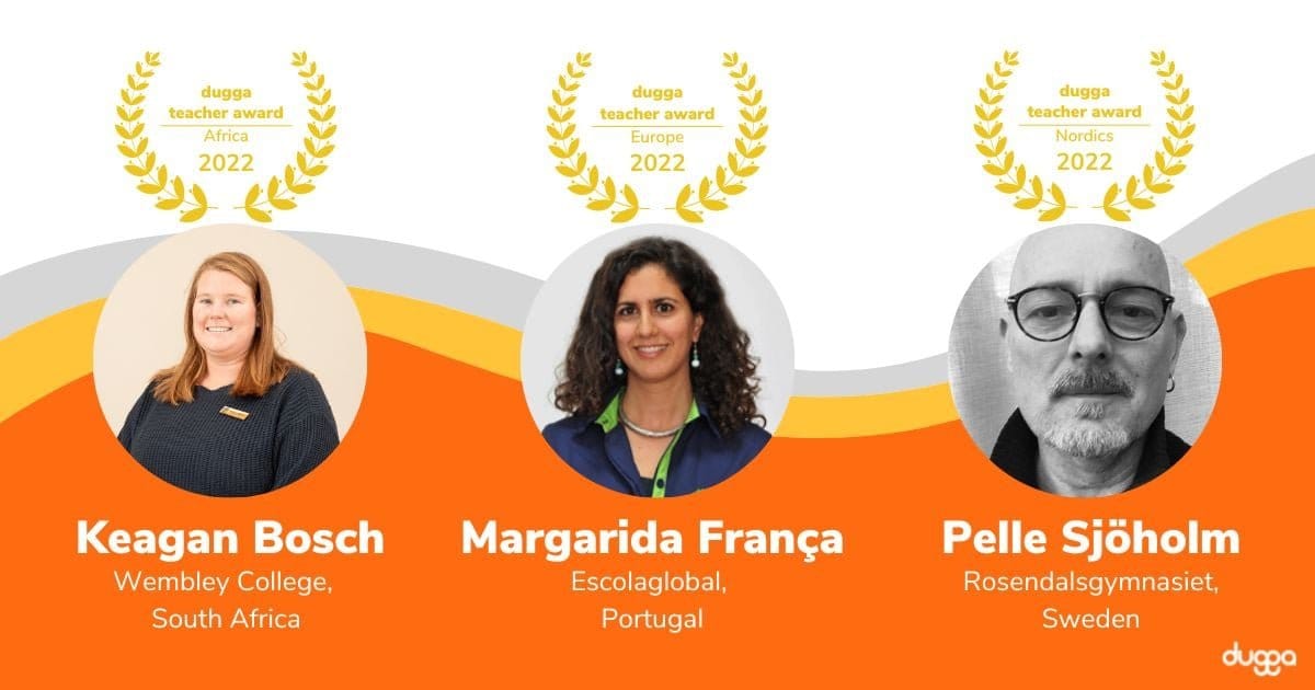 Dugga Teacher Award 2022 winners Keagan Bosch (Wembley College, South Africa), Margarida França (Escola Global, Portugal) and Pelle Sjöholm (Rosendalsgymnasiet, Sweden)