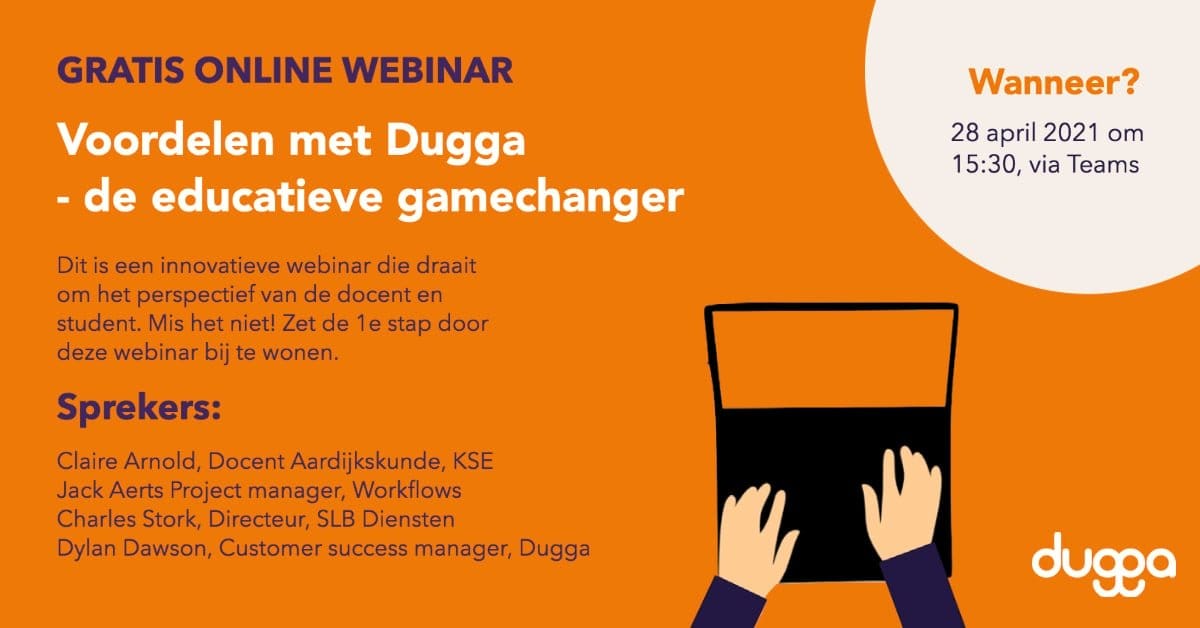 Orange banner for the free online webinar “Voordelen met Dugga – de educatieve gamechanger”, 28 April 2021