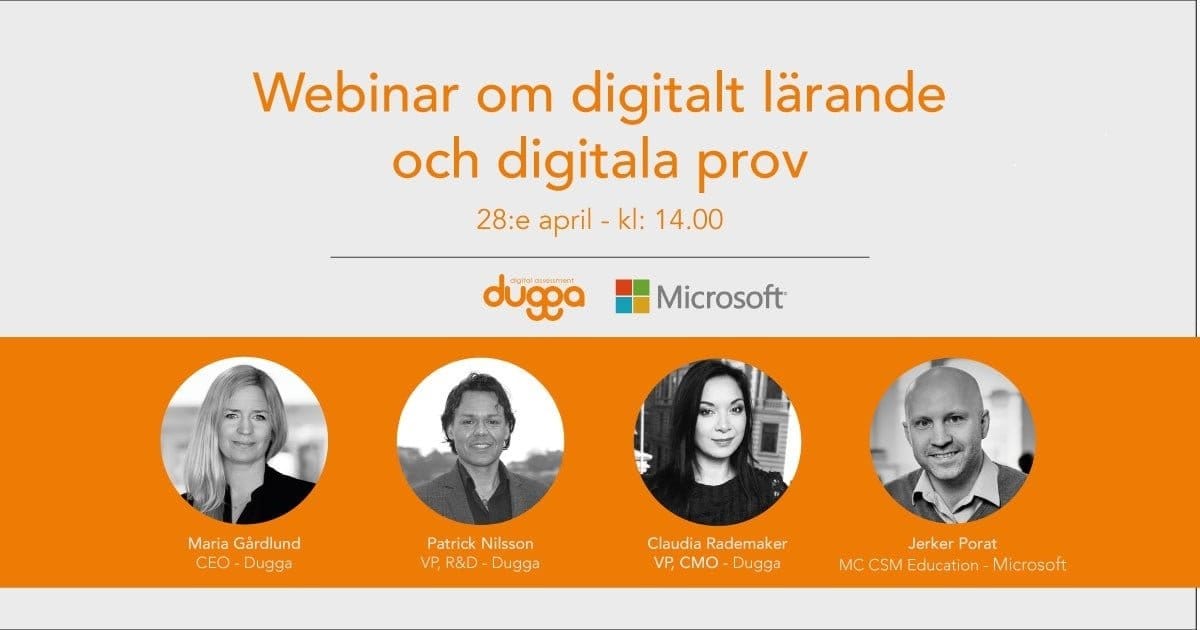 Webinar banner “Webinar om digitalt lärande och digitala prov”, 28 April, 14:00, with four speakers from Dugga and Microsoft