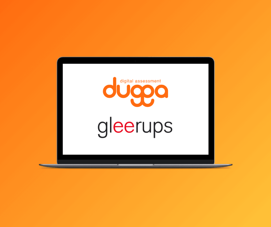 A laptop showing the Dugga digital assessment and Gleerups logos on an orange background