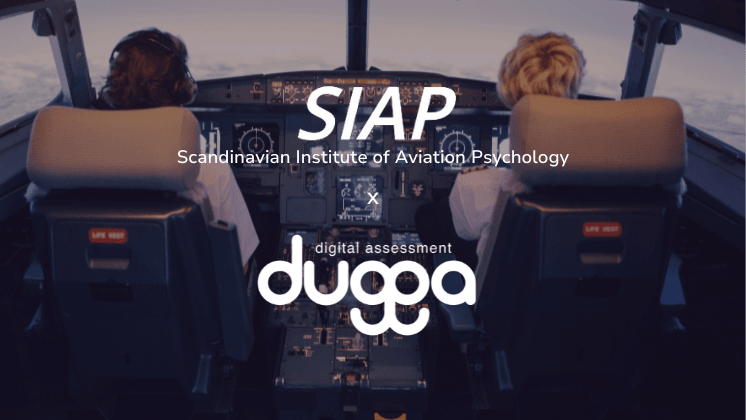 Two pilots in a cockpit with the SIAP (Scandinavian Institute of Aviation Psychology) and Dugga logos