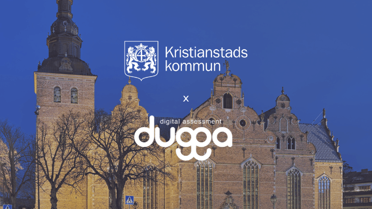 Kristianstads kommun and Dugga digital assessment logos over a historic brick church at dusk