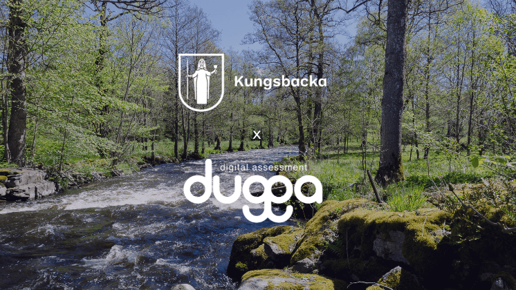 Kungsbacka and Dugga digital assessment logos over a forest river