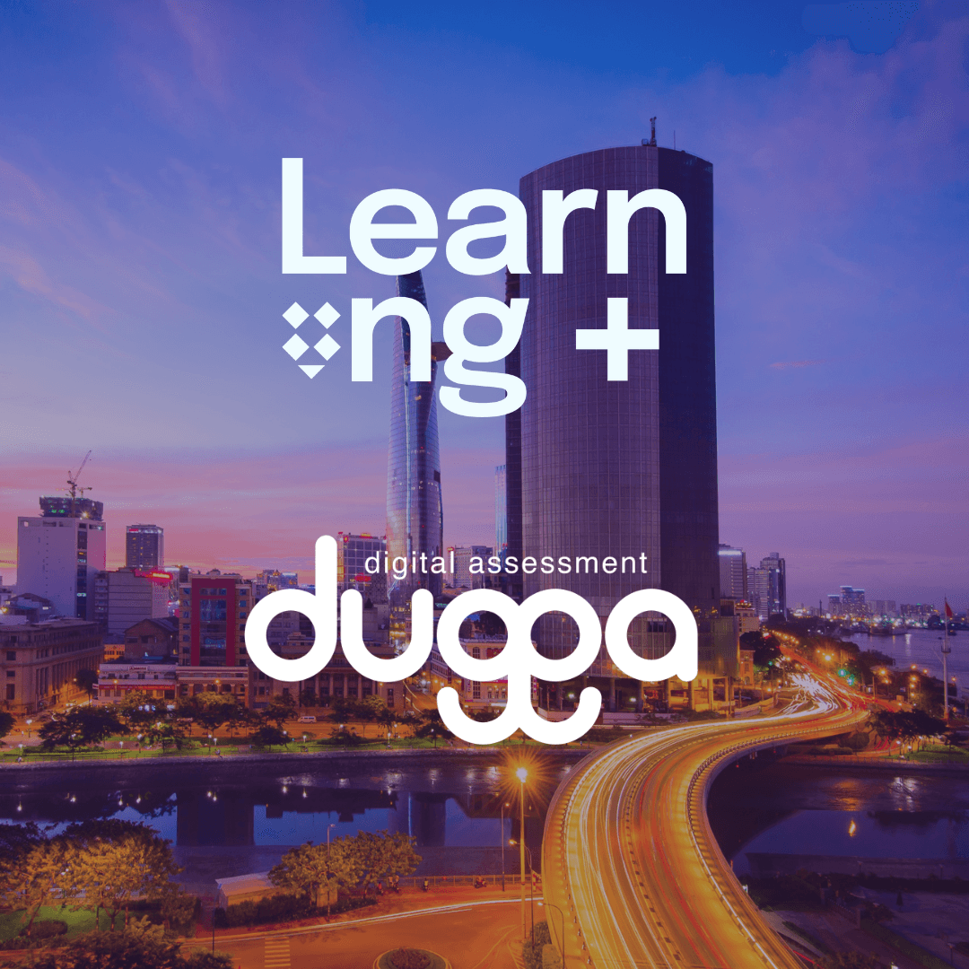 Learning Plus and Dugga digital assessment logos over a city skyline and river at dusk