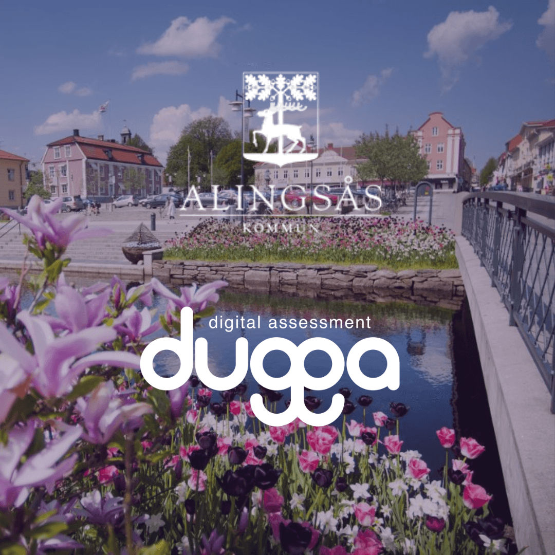 Alingsås kommun and Dugga digital assessment logos over a canal lined with spring flowers
