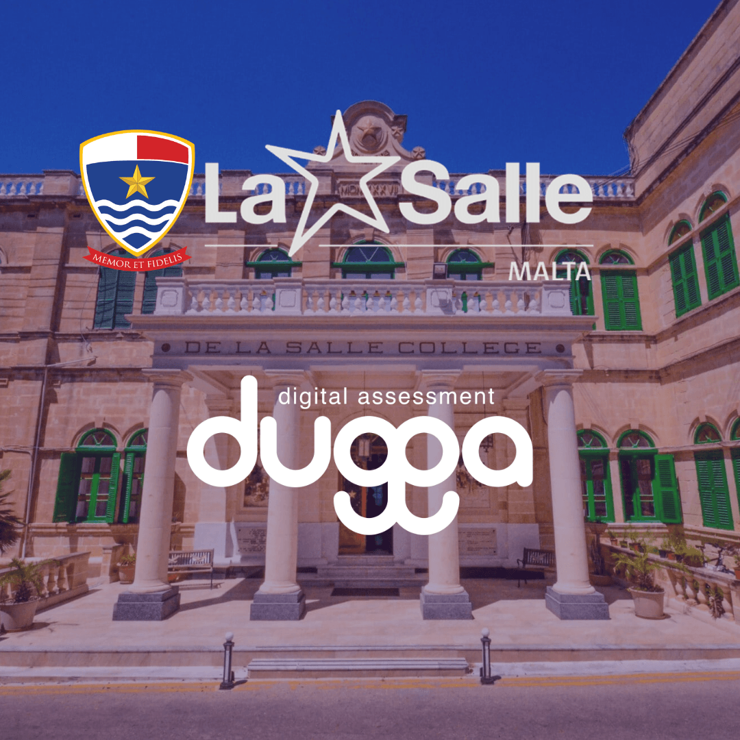 De La Salle Malta and Dugga digital assessment logos over the college building