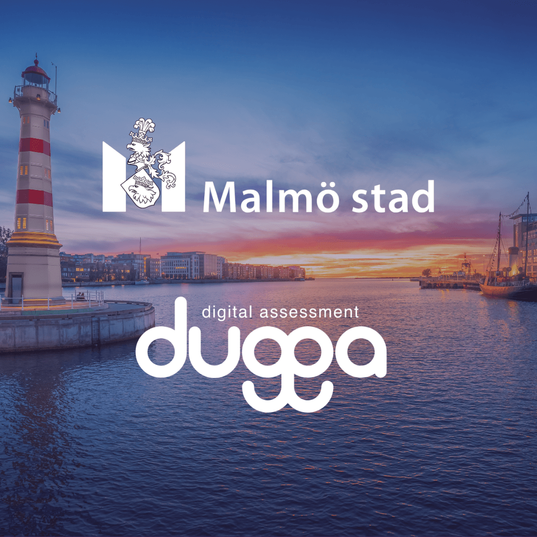 Malmö stad and Dugga digital assessment logos over a lighthouse at sunset