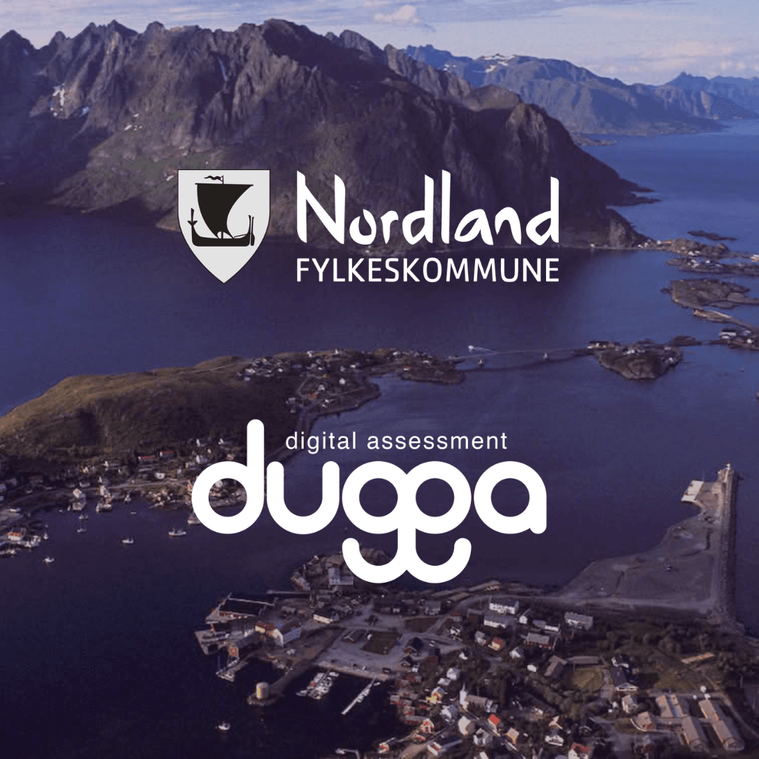 Nordland fylkeskommune and Dugga digital assessment logos over a coastline of mountains and sea