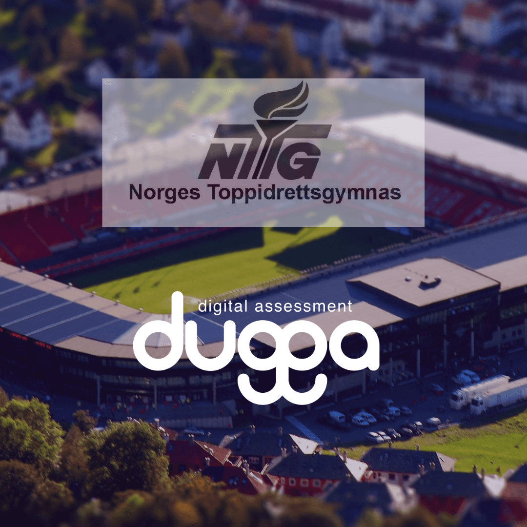 Norges Toppidrettsgymnas and Dugga digital assessment logos over a football stadium seen from above