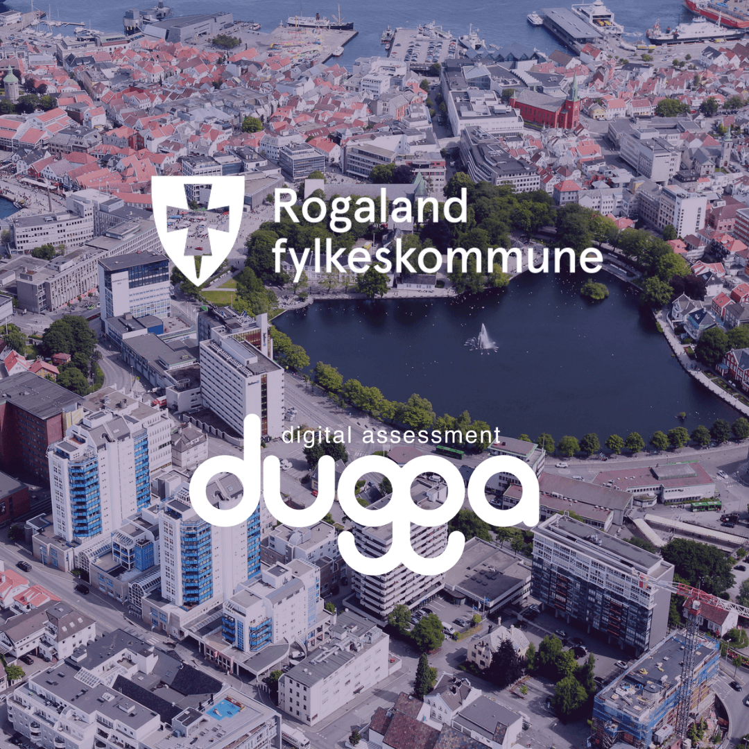 Rogaland fylkeskommune and Dugga digital assessment logos over an aerial view of the city