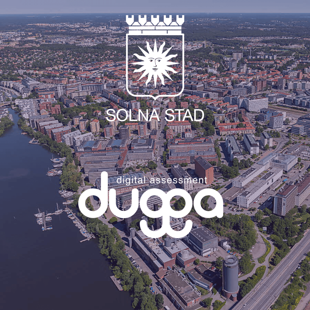 Solna stad and Dugga digital assessment logos over an aerial view of the city and waterfront