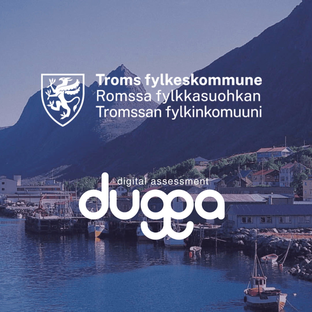 Troms fylkeskommune and Dugga digital assessment logos over a harbour below mountains