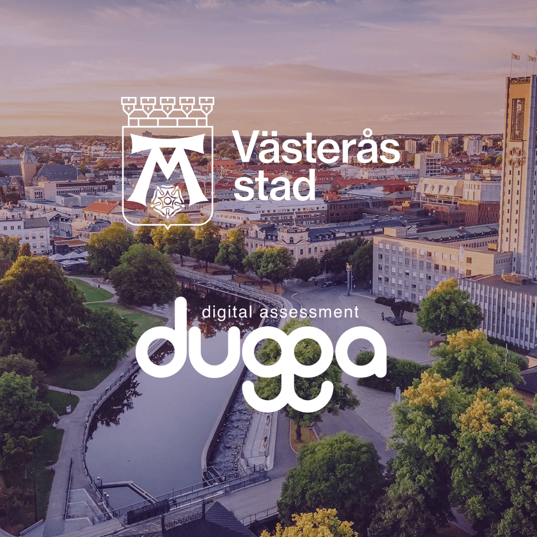 Västerås stad and Dugga digital assessment logos over an aerial view of the city and canal