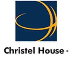 Christel House logo: a blue square with intertwined golden curves.
