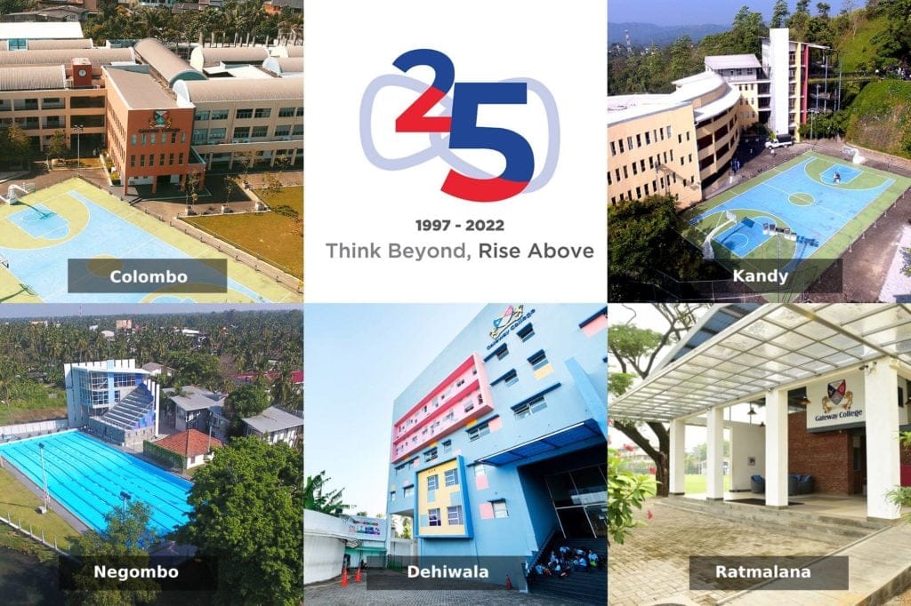 Collage showing five Gateway College campuses (Colombo, Kandy, Negombo, Dehiwala, Ratmalana) around a 25th anniversary logo.